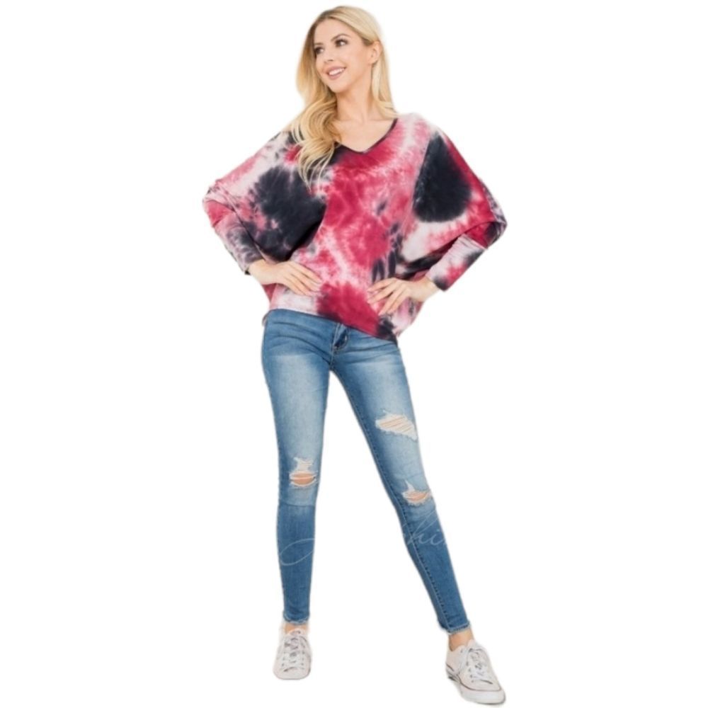 Women's Wine Tie Dye V-Neck Top - Picture 4 of 5